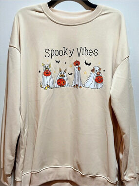 NWOT ~ Spooky Vibes Graphic Sweatshirt Size XL ~ Light Beige